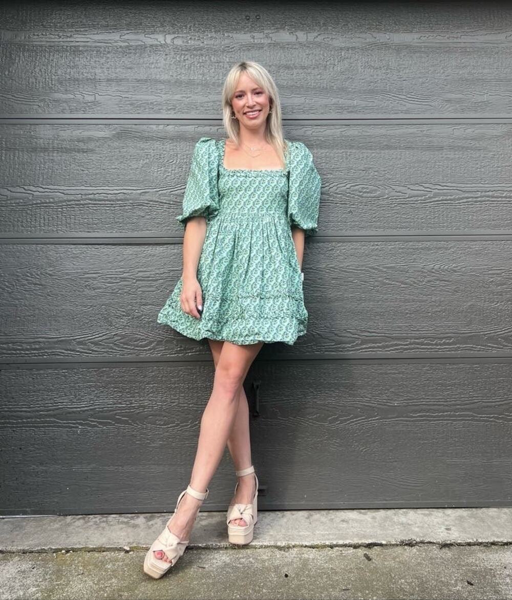 RHODE Green Printed 100% Cotton Hourglass Square Neck Daya Mini Dress Size 6